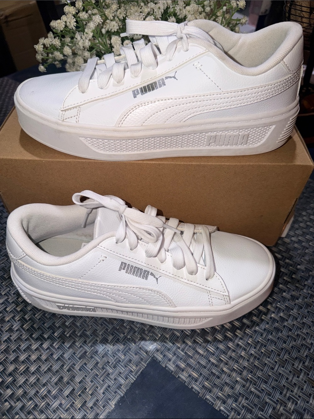 Puma White Low-Top Platform Sneakers with Silver Logo